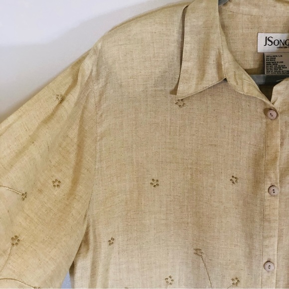 J Song Collection Tunic Top Women’s Size 18 100% Linen Tan Khaki Embroidered - Picture 6 of 14
